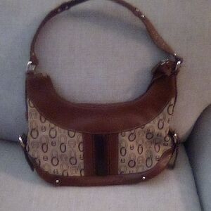 Vintage Etienne Aigner Brown Monogram Shoulder Bag with Leather Trim